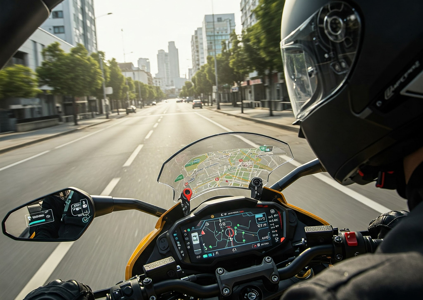 Motorcycle dashboard with digital navigation display showing a map interface while riding through a city street